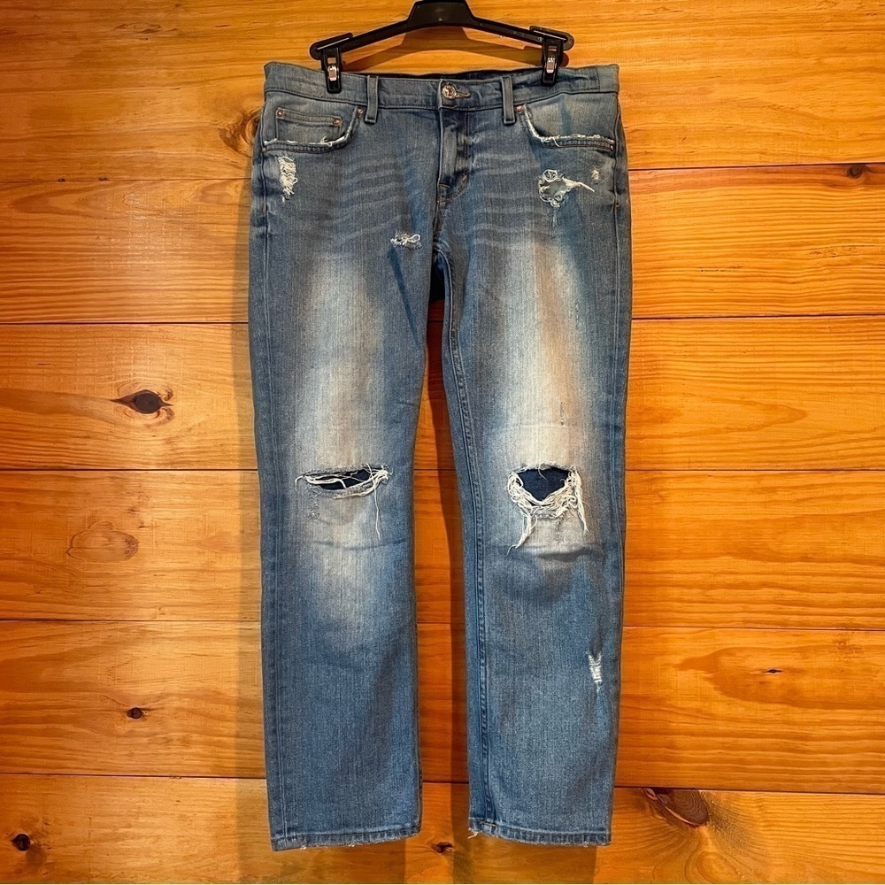 Zara Woman Medium Rise Slim Fit Straight Leg Stretch Distressed Denim Jeans 4